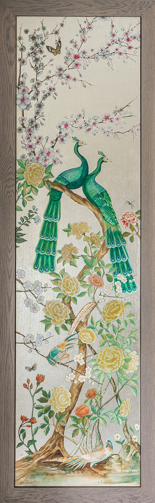 Hand-painted chinoiserie panel with peacocks and cherry blossom