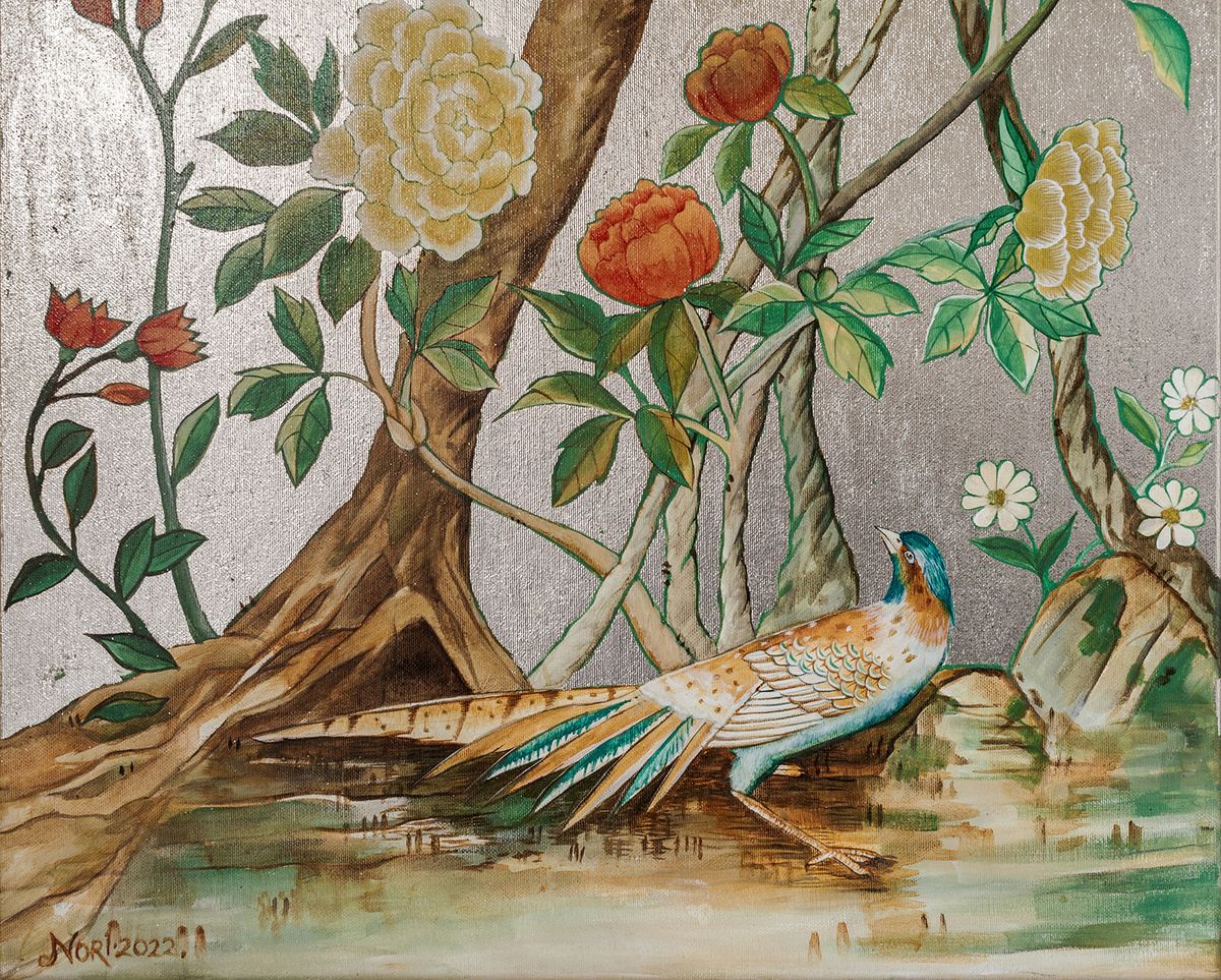 Hand-painted pheasant detail from chinoiserie artwork