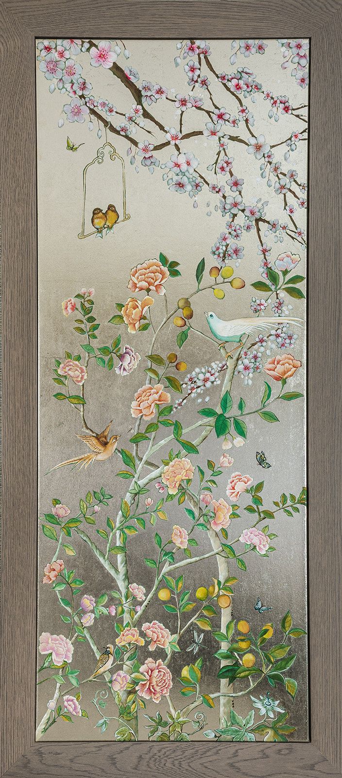Decorative chinoiserie panel with birds and florals