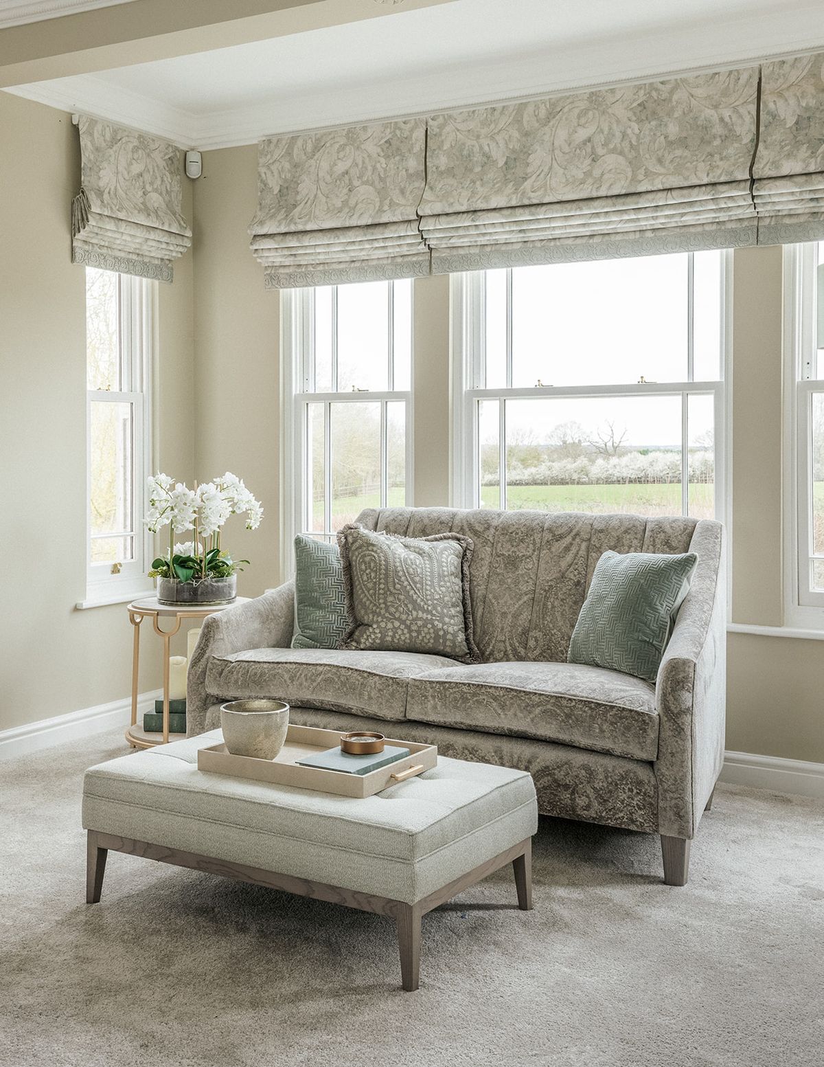 Bay window sitting area with damask sofa and roman blinds